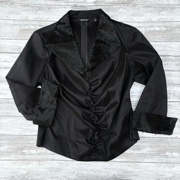 Samuel Dong Beaded Top Md Black Stretch Rouched V Neck Whimsigoth Dark Academia - Picture 1 of 14